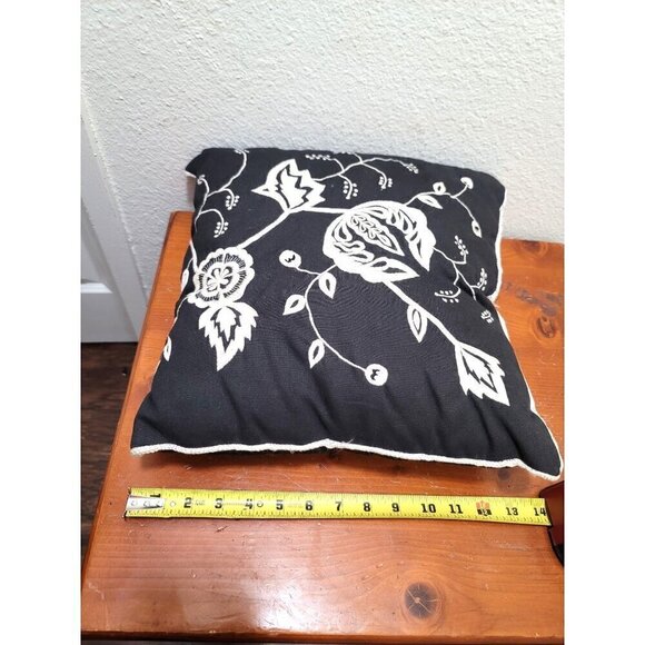 Black & White Floral Embroidered Throw Pillow Cushion 15" x 15" - Picture 6 of 6